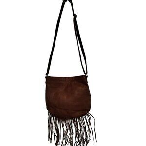 T-shirt and Jeans brown faux leather floral punch out fringe cross body